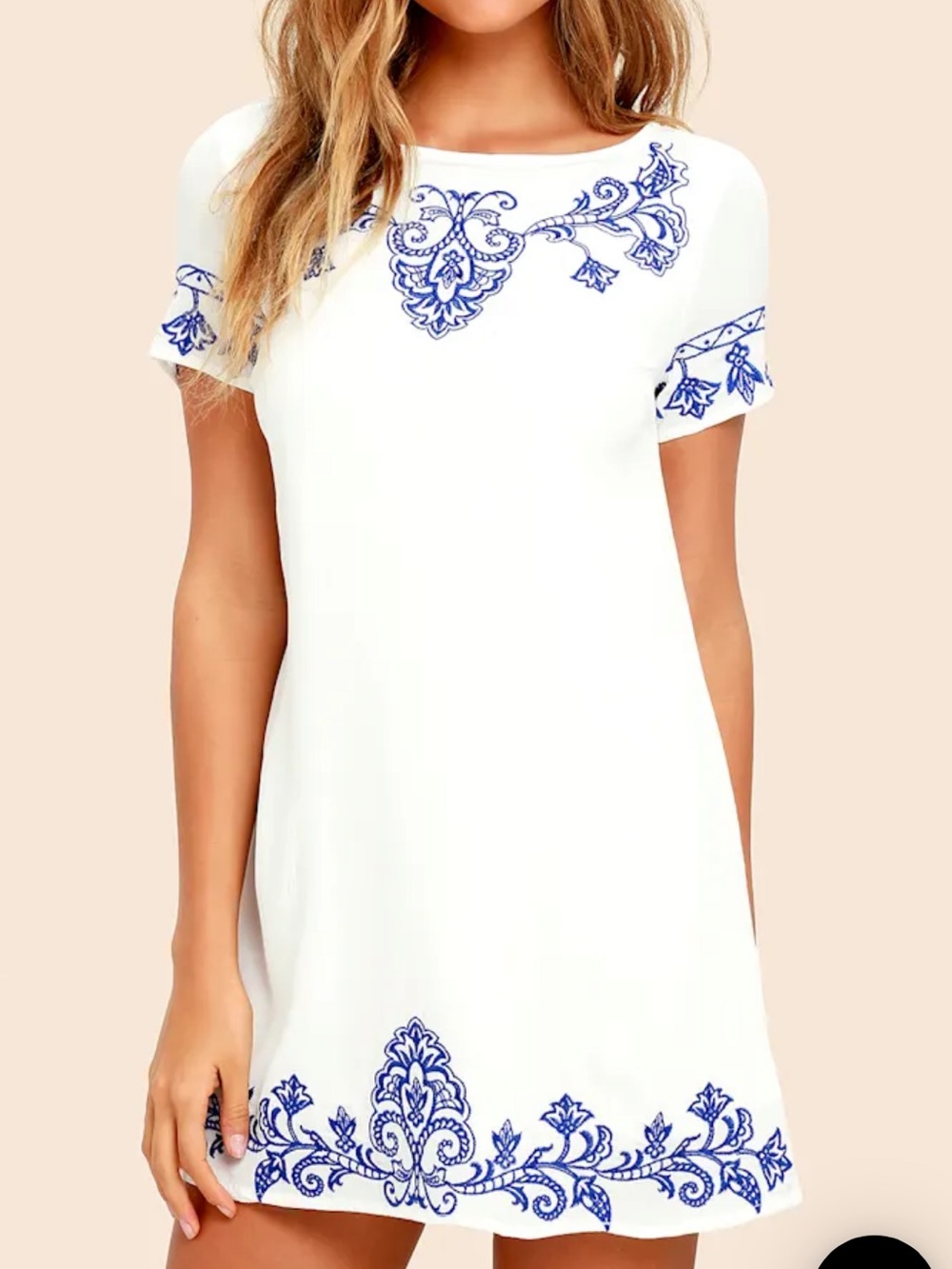 Lulu's White Midi Dress with Blue Floral Embroidery